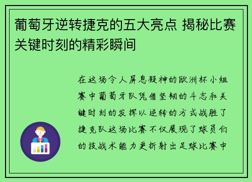 葡萄牙逆转捷克的五大亮点 揭秘比赛关键时刻的精彩瞬间