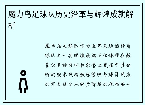 魔力鸟足球队历史沿革与辉煌成就解析 魔力鸟足球队历史沿革与辉煌成就解析