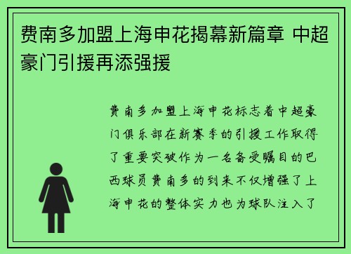 费南多加盟上海申花揭幕新篇章 中超豪门引援再添强援